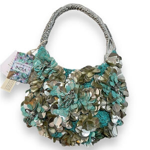 Silver and Teal Beaded Handbag Purse, Made in India, 10”L, 7.5”H, 2.5”W Formal